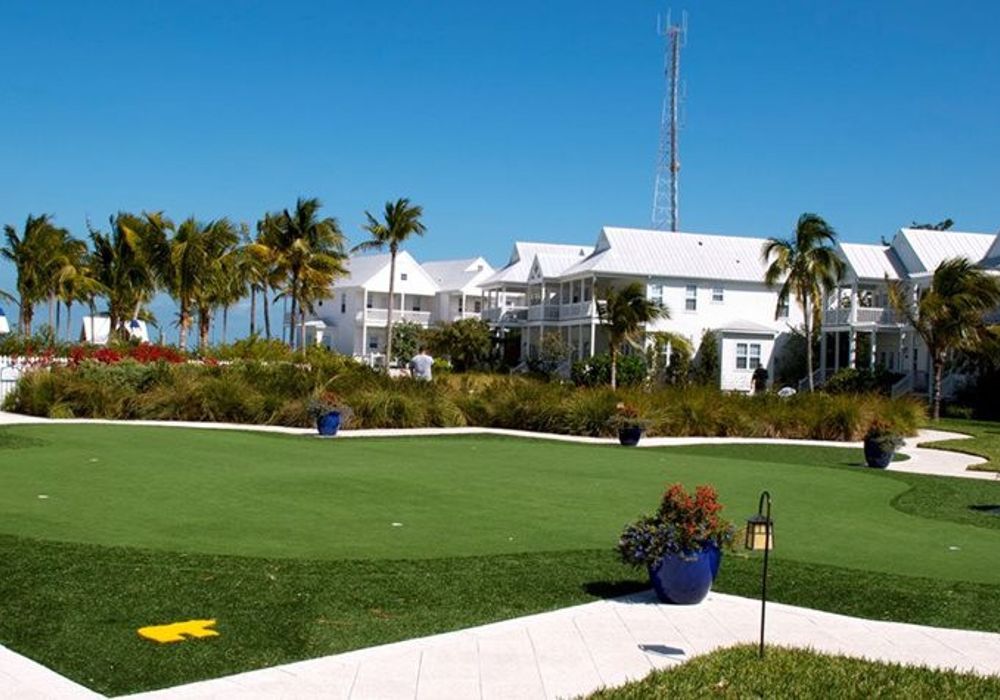 a putting green with the golden bear logo and a building behind it